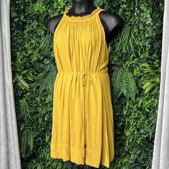 Banana Republic Dresses & Skirts - BANNANA REPUBLIC Dress Women Large Mustard Pleated Fringe High Neck Shift 2343